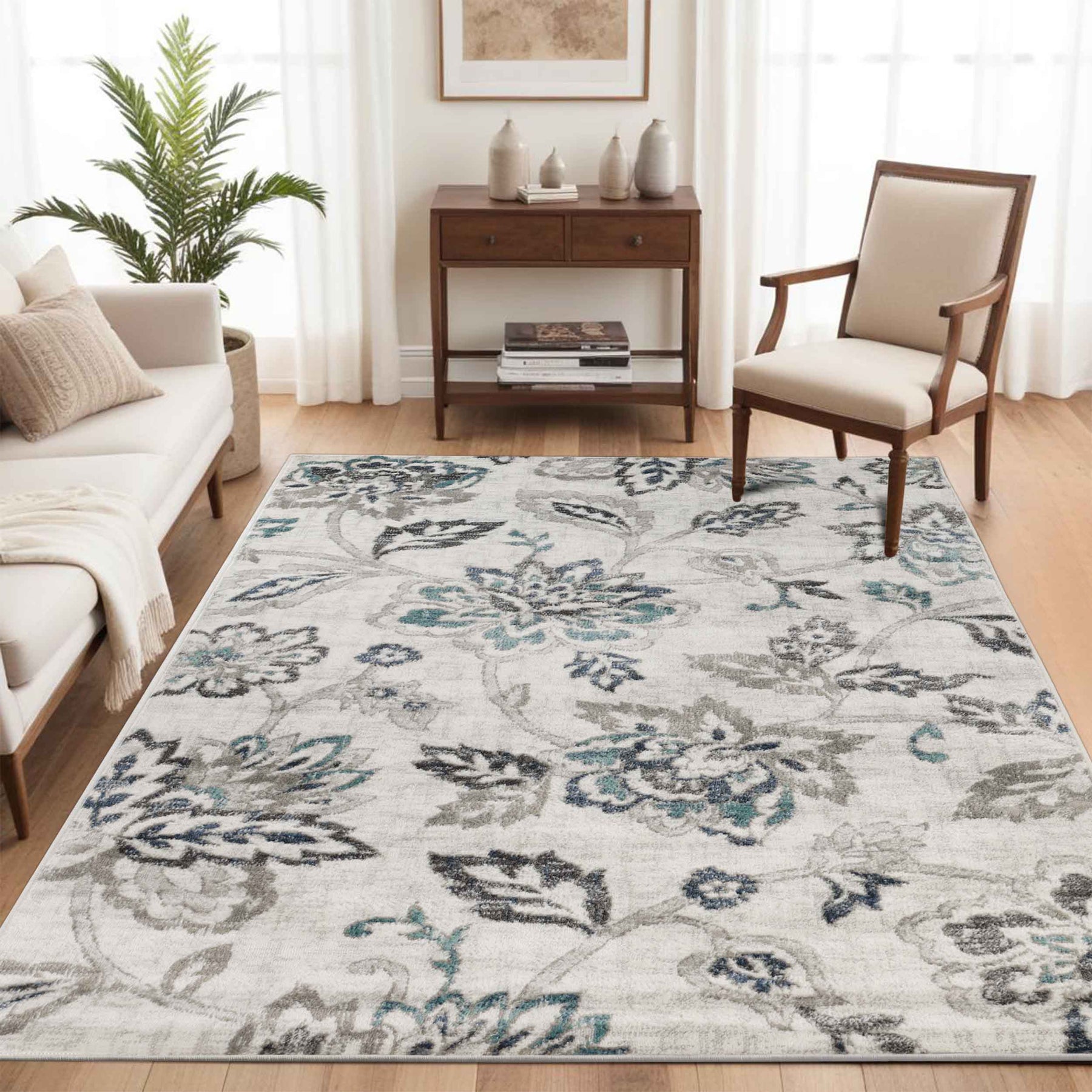 Jacobean Floral Modern Farmhouse Indoor Area Rug or Runner Rug