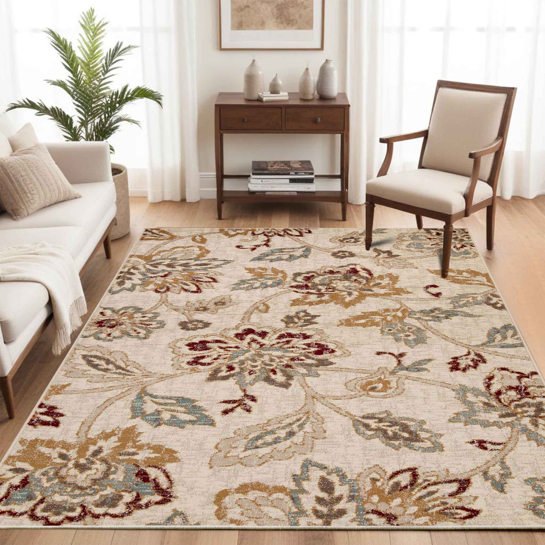 Jacobean Floral Modern Farmhouse Indoor Area Rug or Runner Rug - Stone