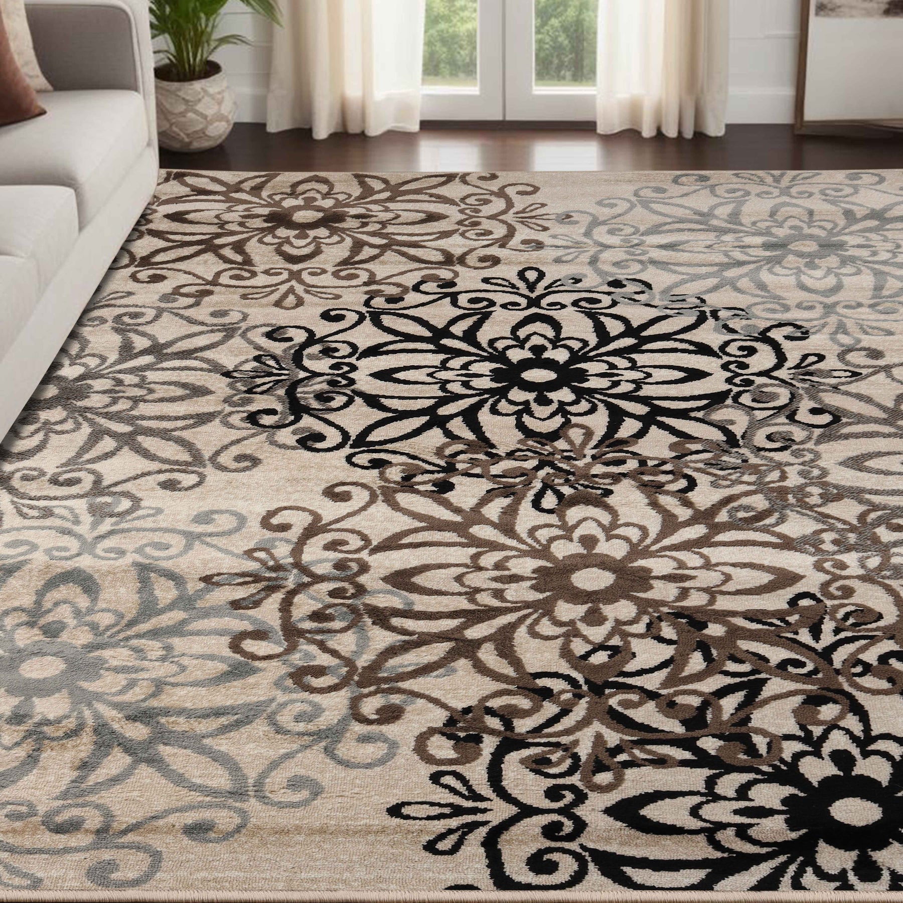 Leigh Traditional Floral Scroll Indoor Area Rug or Runner Rug Or Door Mat - Beige