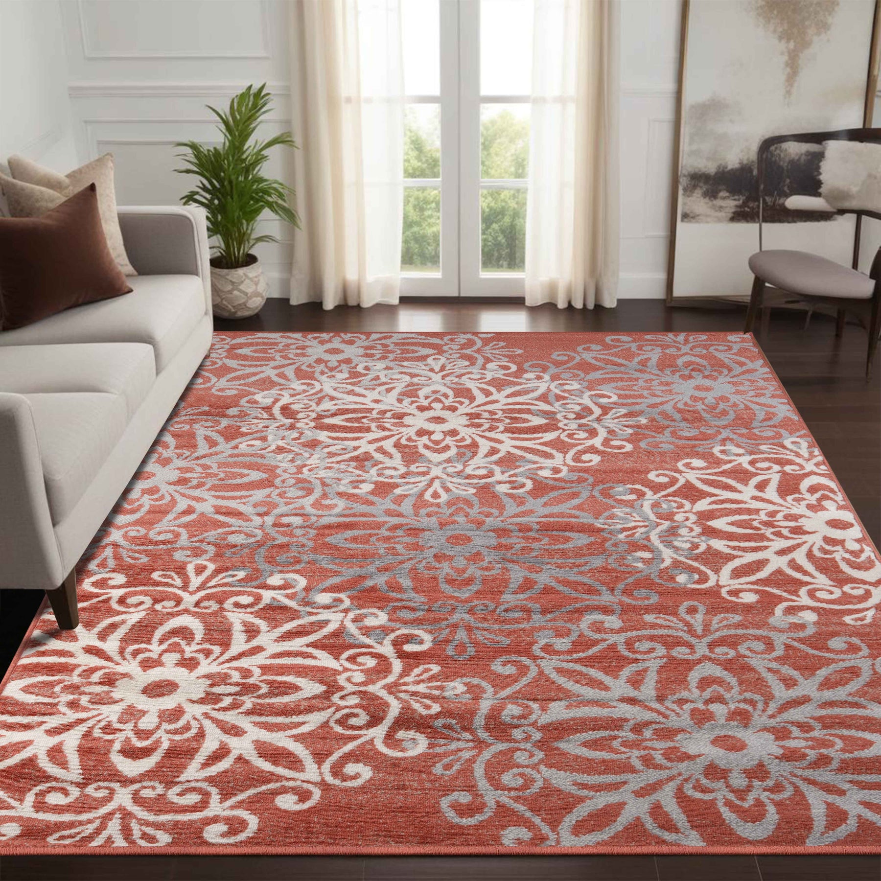 Leigh Traditional Floral Scroll Indoor Area Rug or Runner Rug Or Door Mat - Ginger