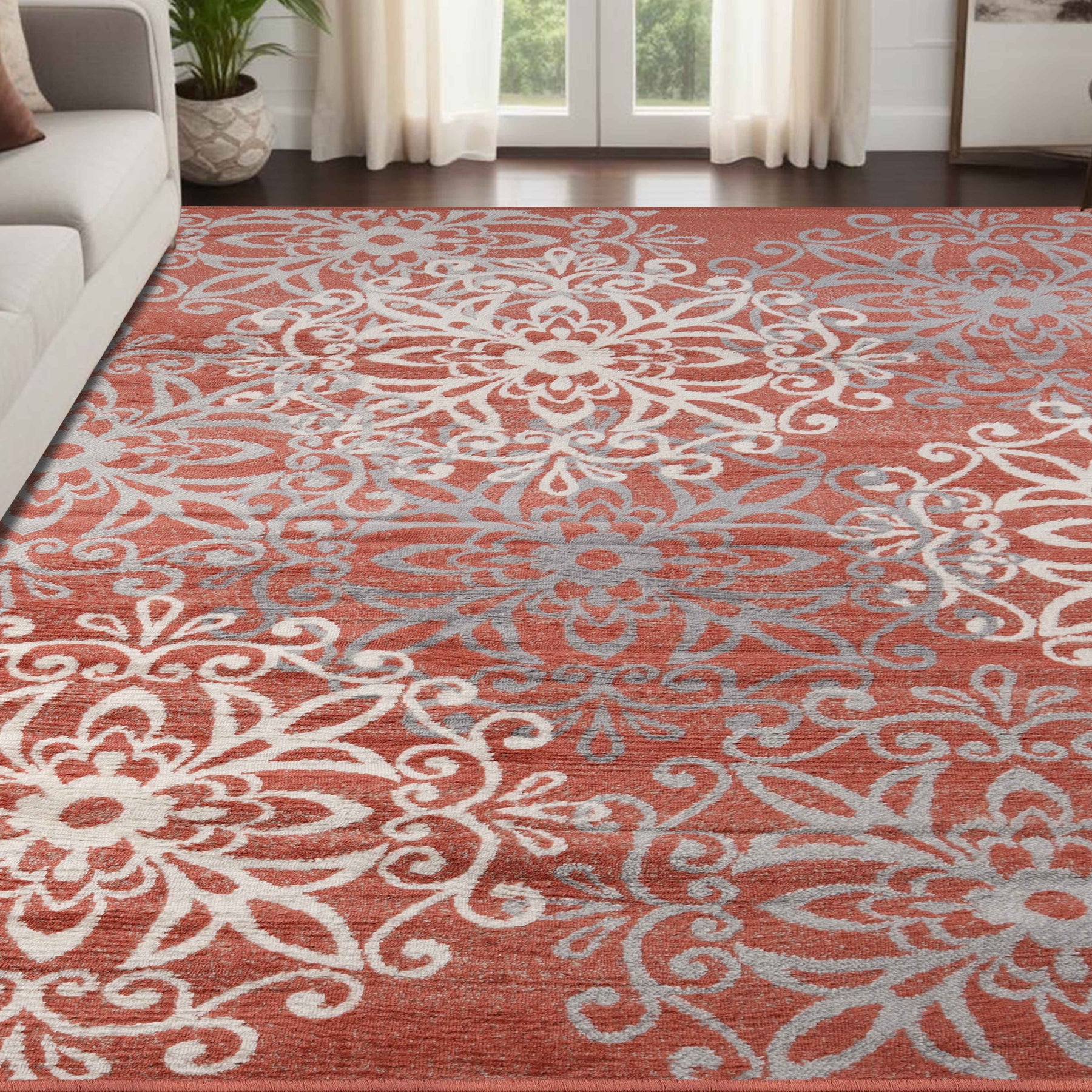 Leigh Traditional Floral Scroll Indoor Area Rug or Runner Rug Or Door Mat - Ginger