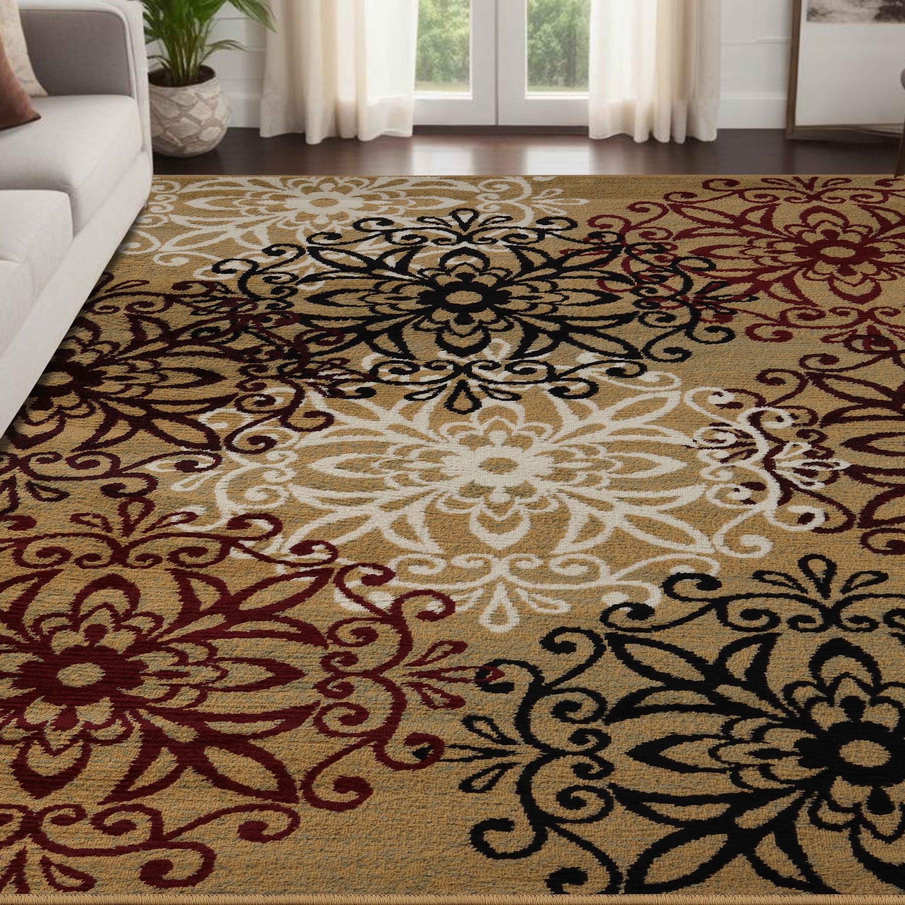 Leigh Traditional Floral Scroll Indoor Area Rug or Runner Rug Or Door Mat - Gold