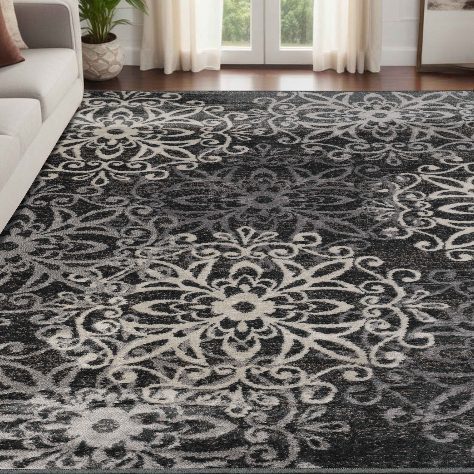 Leigh Traditional Floral Scroll Indoor Area Rug or Runner Rug Or Door Mat - Slate