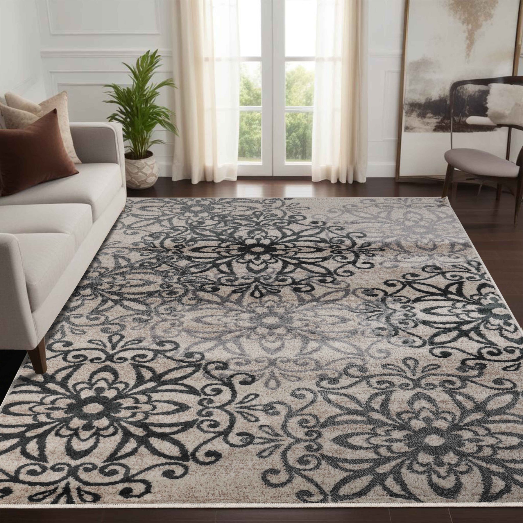 Leigh Traditional Floral Scroll Indoor Area Rug or Runner Rug Or Door Mat - Oatmeal