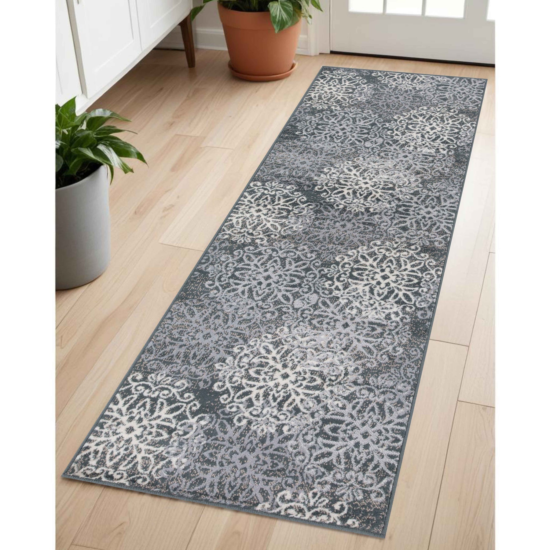 Leigh Traditional Floral Scroll Indoor Area Rug or Runner Rug Or Door Mat - Slate