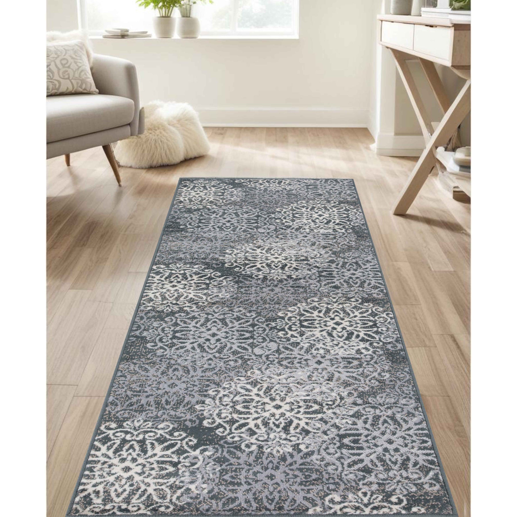 Leigh Traditional Floral Scroll Indoor Area Rug or Runner Rug Or Door Mat - Slate