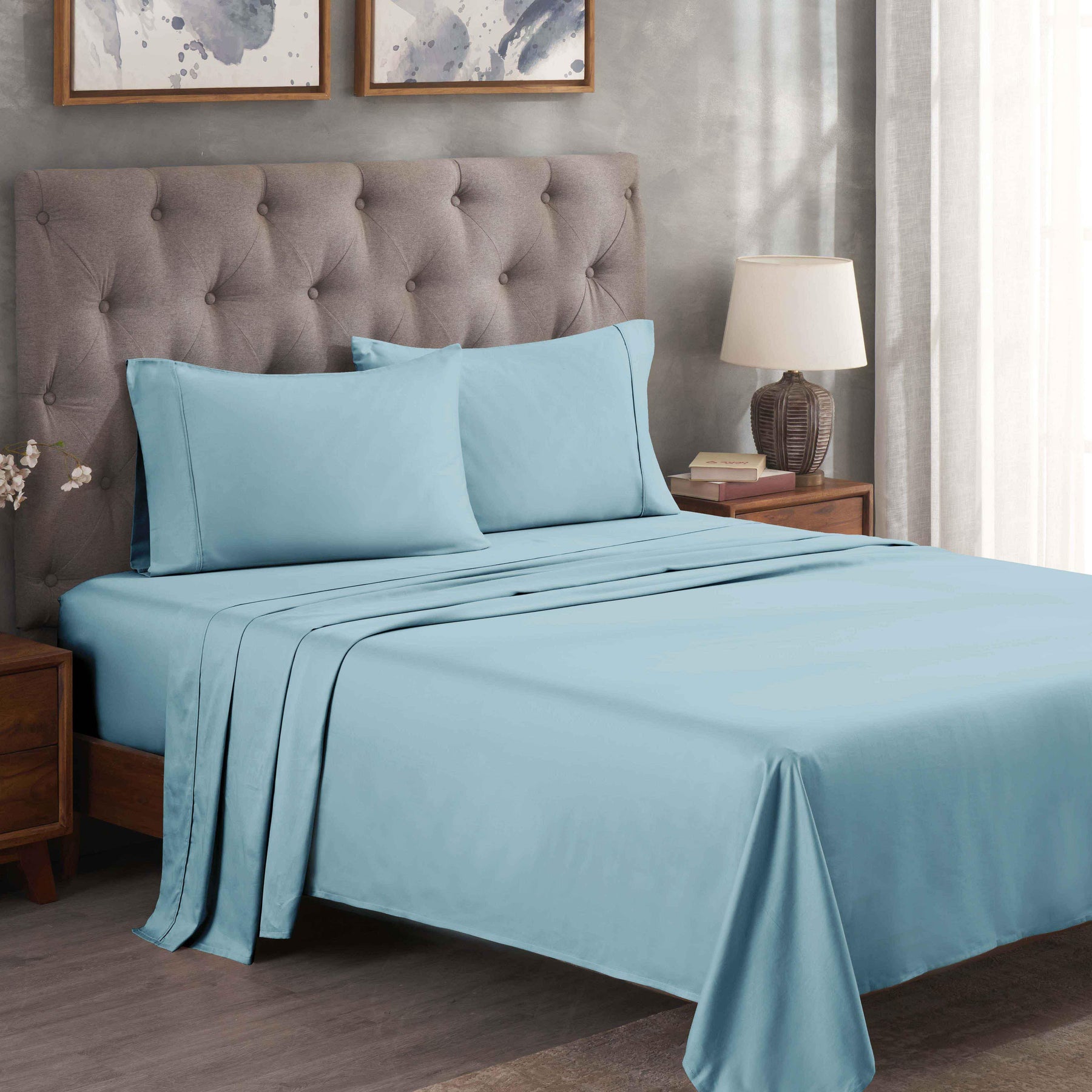 Egyptian Cotton 300 Thread Count Solid Deep Pocket Bed Sheet Set - LightBlue