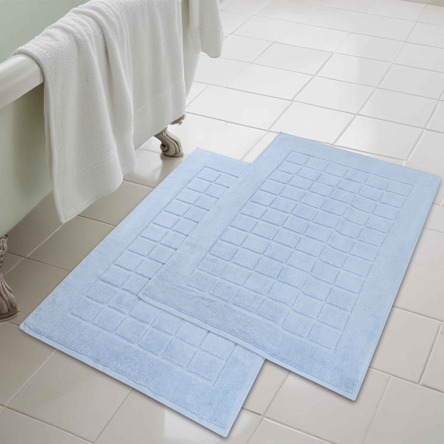 Nora Cotton Solid Absorbent Thick Checkered Washable Bath Mat Set of 2