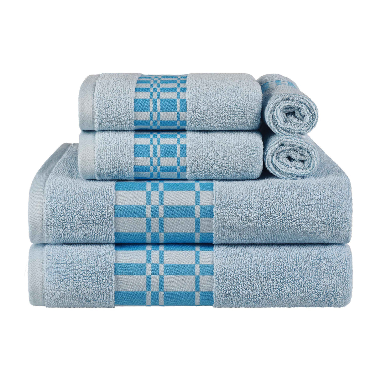 Larissa Cotton Geometric Border 6 Piece Assorted Towel Set - LightBlue