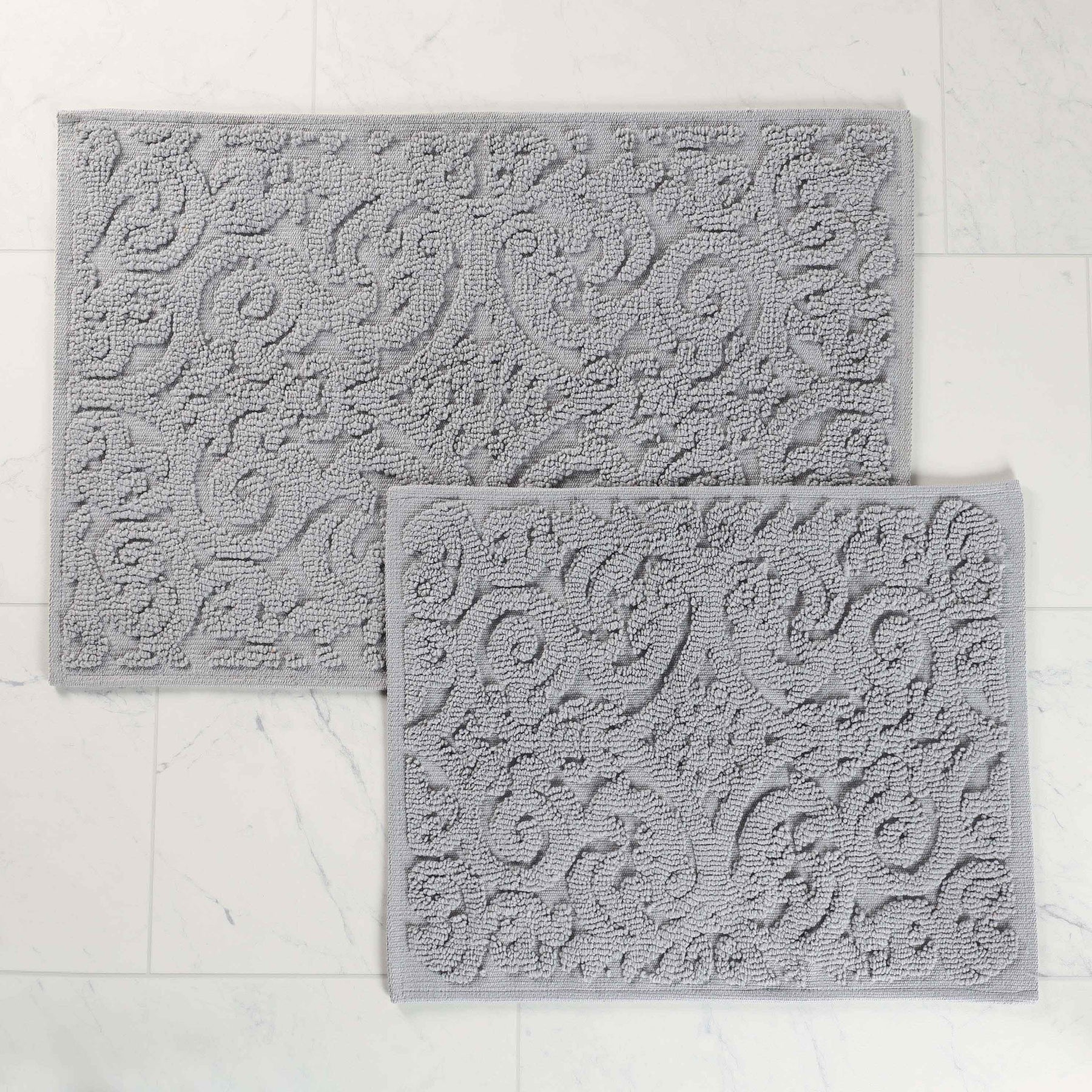 Venere Floral Scroll Textured Machine Washable Bath Rugs, Set of 2