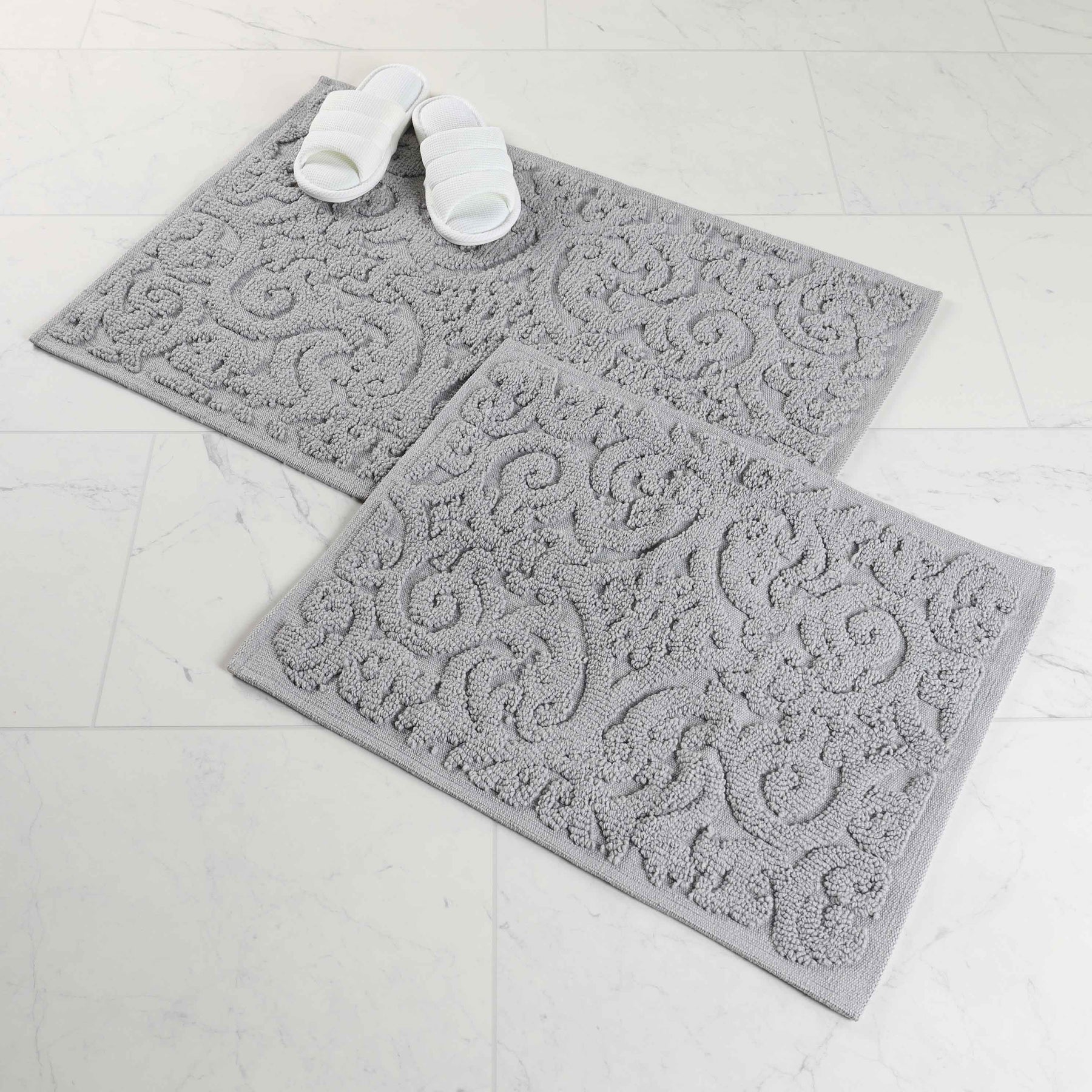 Venere Floral Scroll Textured Machine Washable Bath Rugs, Set of 2