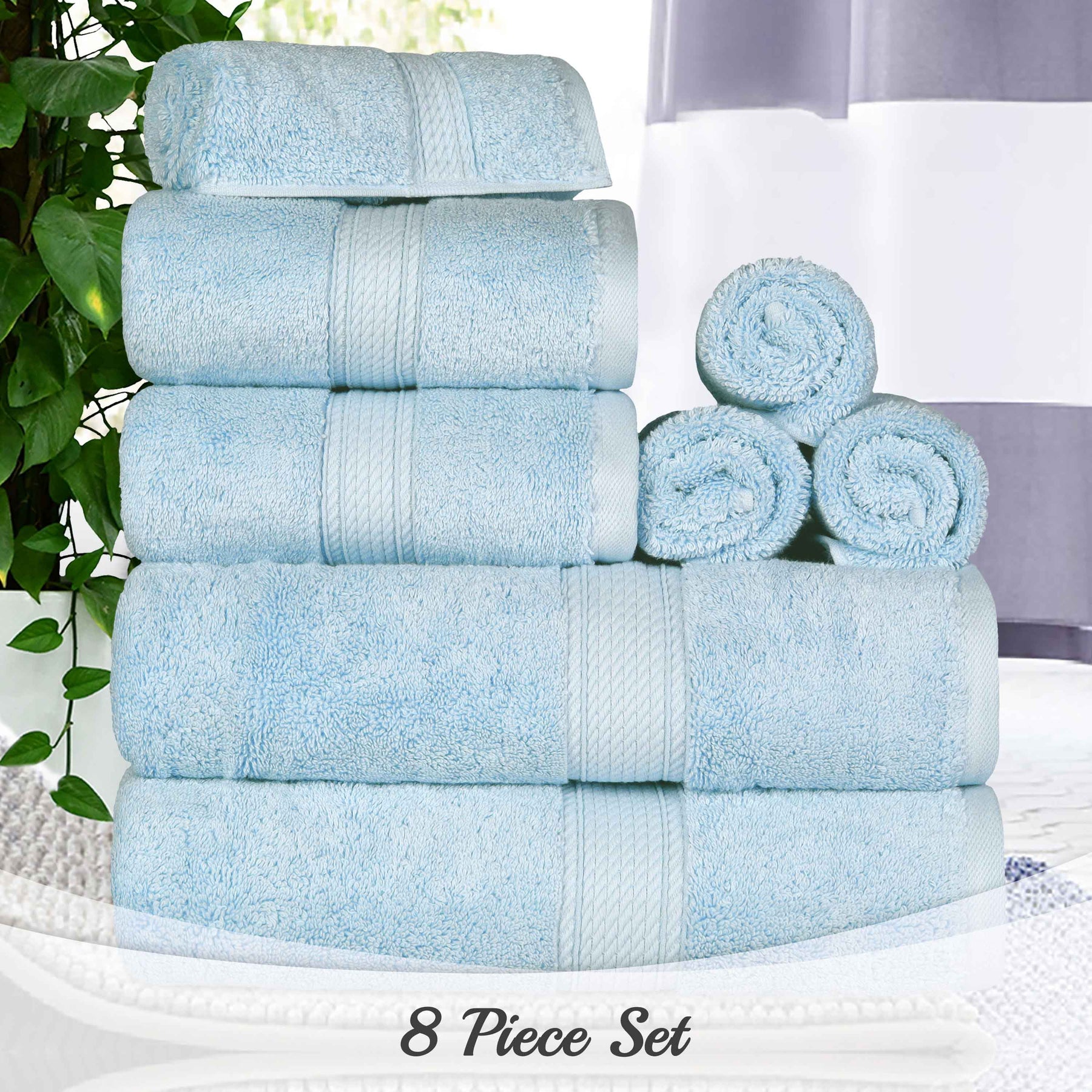 Egyptian Cotton Pile 8 Piece Ultra Plush Solid Towel Set - LightBlue