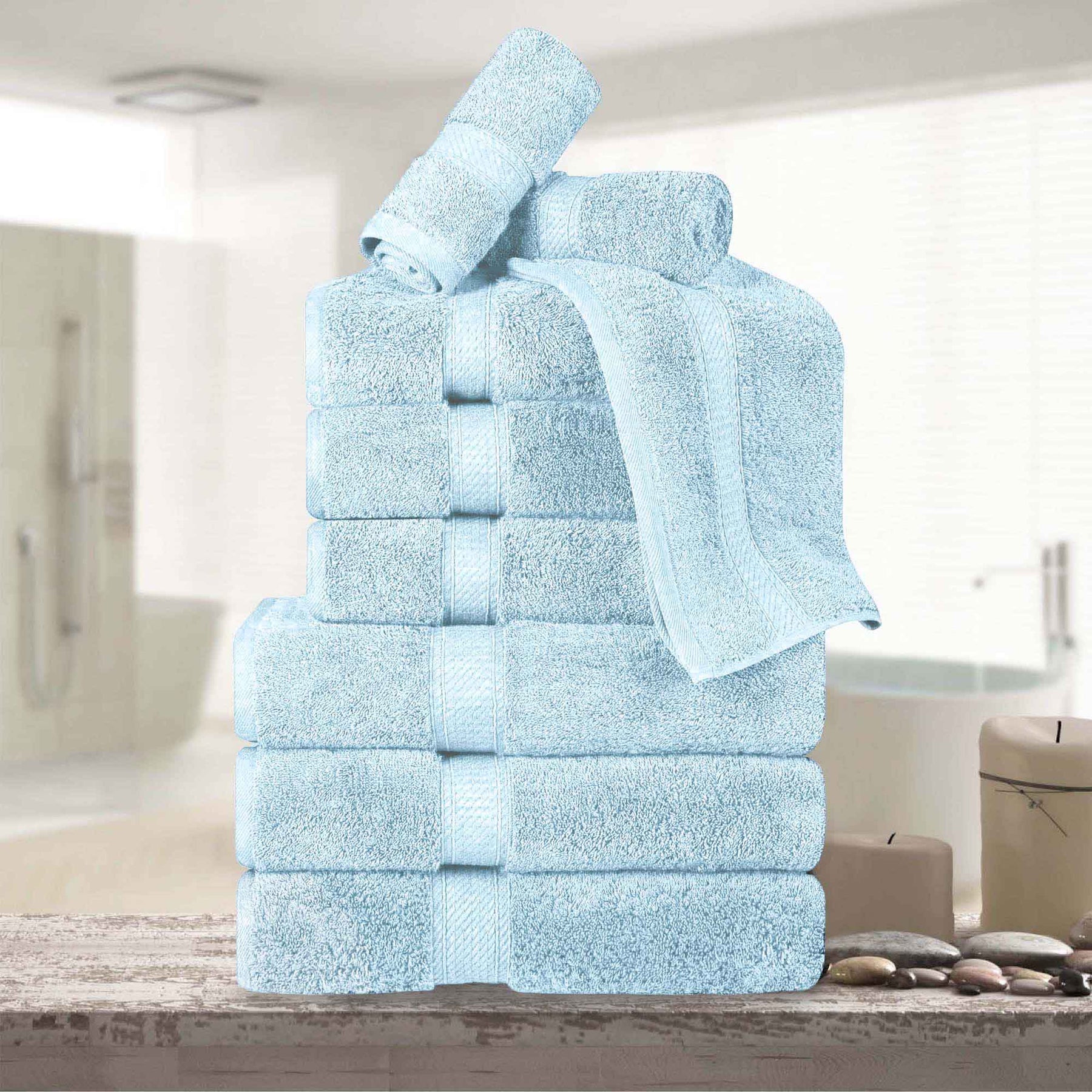 Egyptian Cotton Pile Plush Heavyweight Absorbent 9 Piece Towel Set - LightBlue