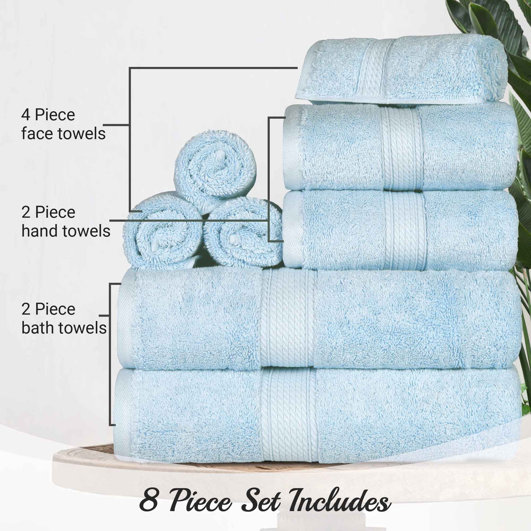 Egyptian Cotton Pile 8 Piece Ultra Plush Solid Towel Set - LightBlue