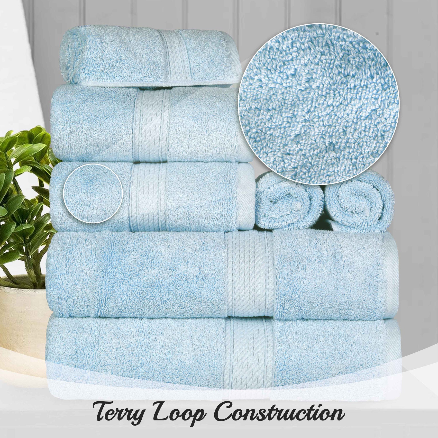 Egyptian Cotton Pile 8 Piece Ultra Plush Solid Towel Set - LightBlue