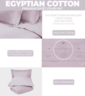 Egyptian Cotton 400 Thread Count Solid Luxury Duvet Cover Set - Lilac