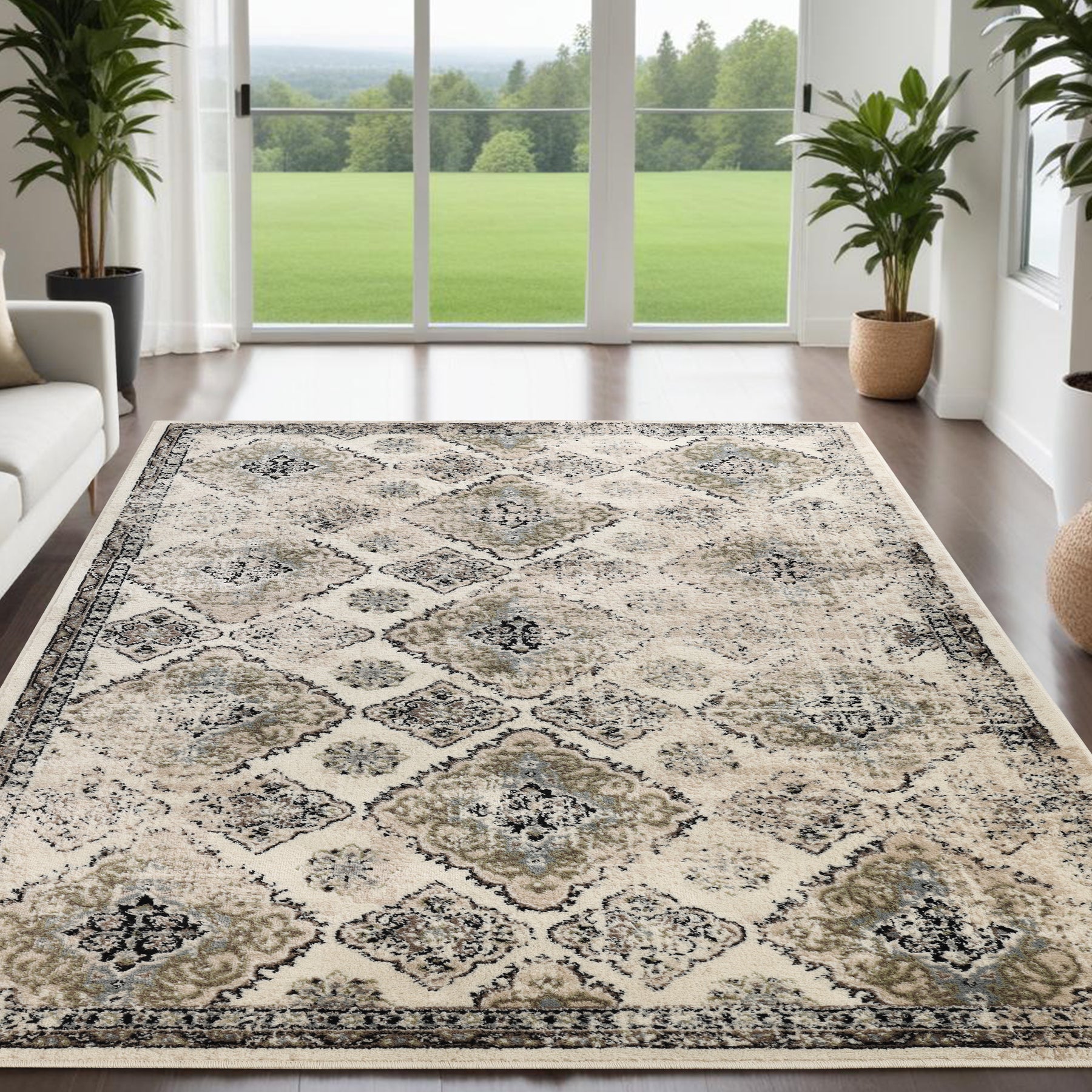 Mayfair Distressed Damask Indoor Area Rug or Runner Rug Or Door Mat - Ivory