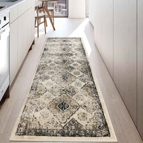 Mayfair Distressed Damask Indoor Area Rug or Runner Rug Or Door Mat - Ivory