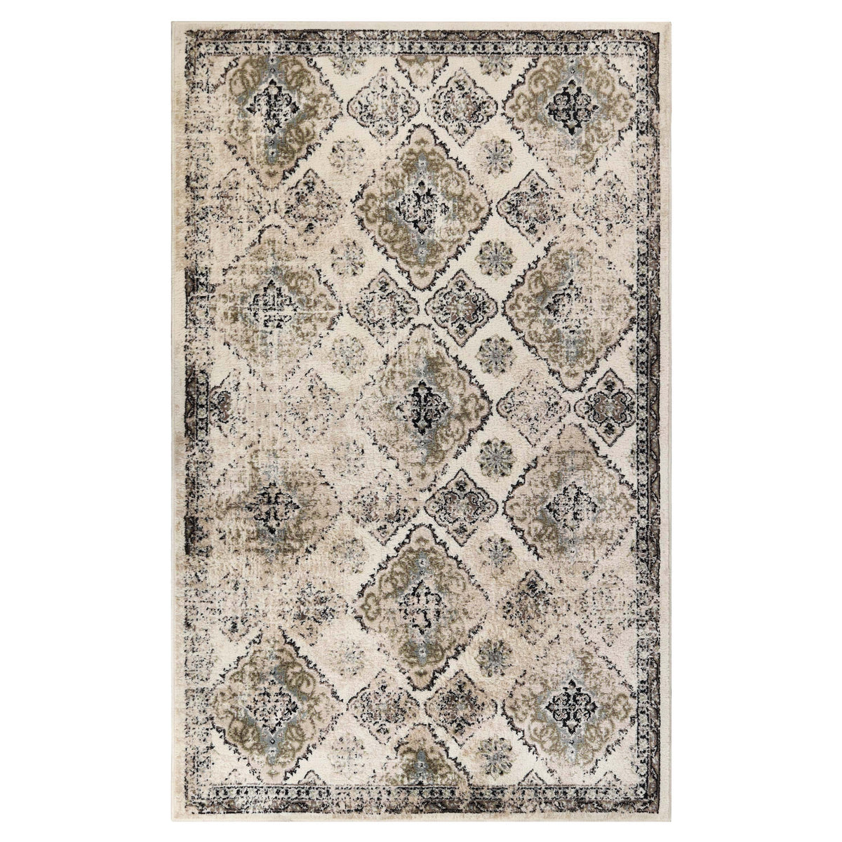 Mayfair Distressed Damask Indoor Area Rug or Runner Rug Or Door Mat - Ivory