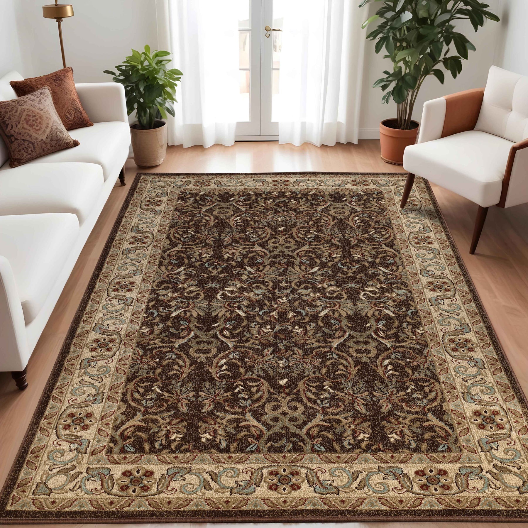 Heritage Traditional Floral Scroll Indoor Runner or Area Rug - Mocha