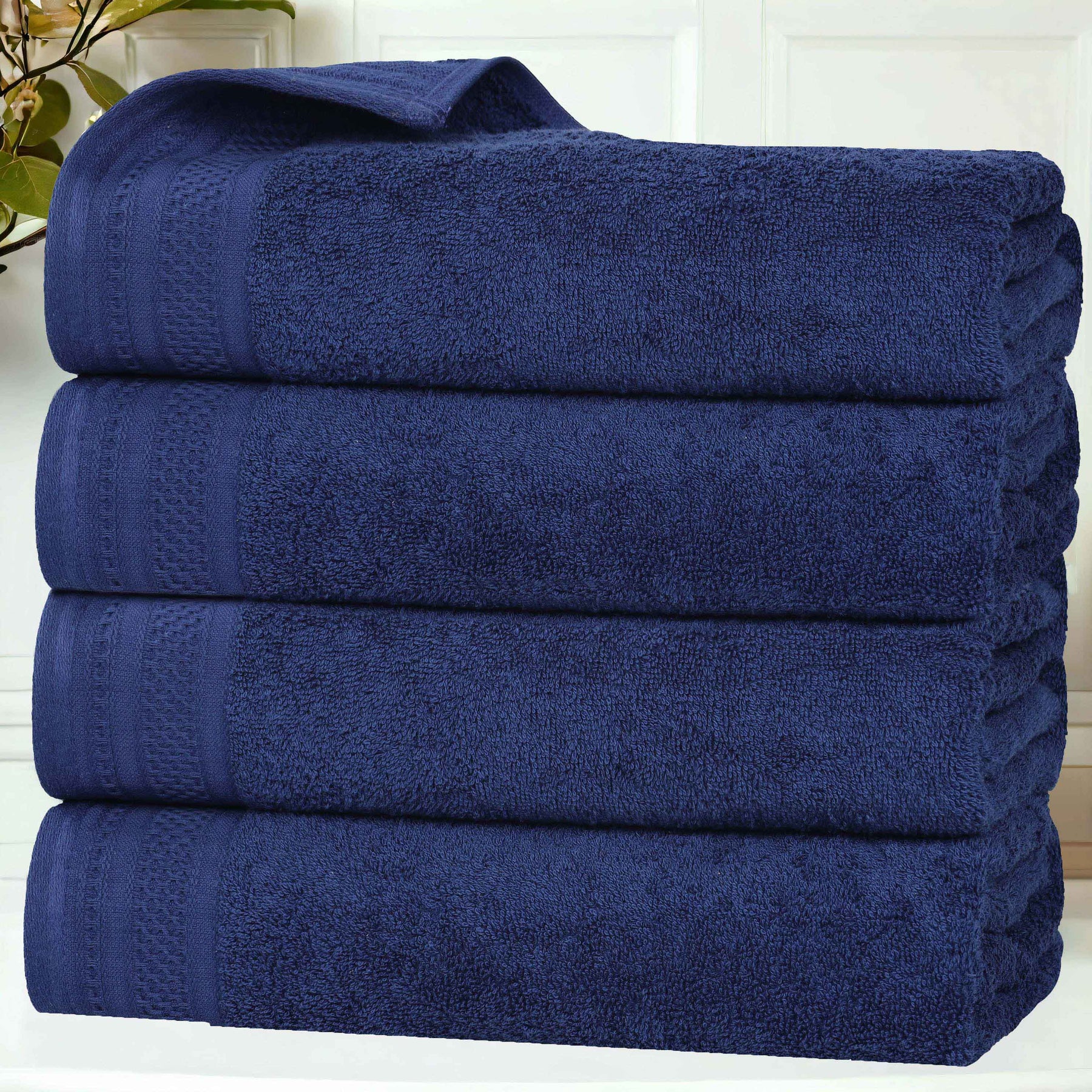 Honeycomb Textured Waffle Border Cotton Bath Towels, Set of 4