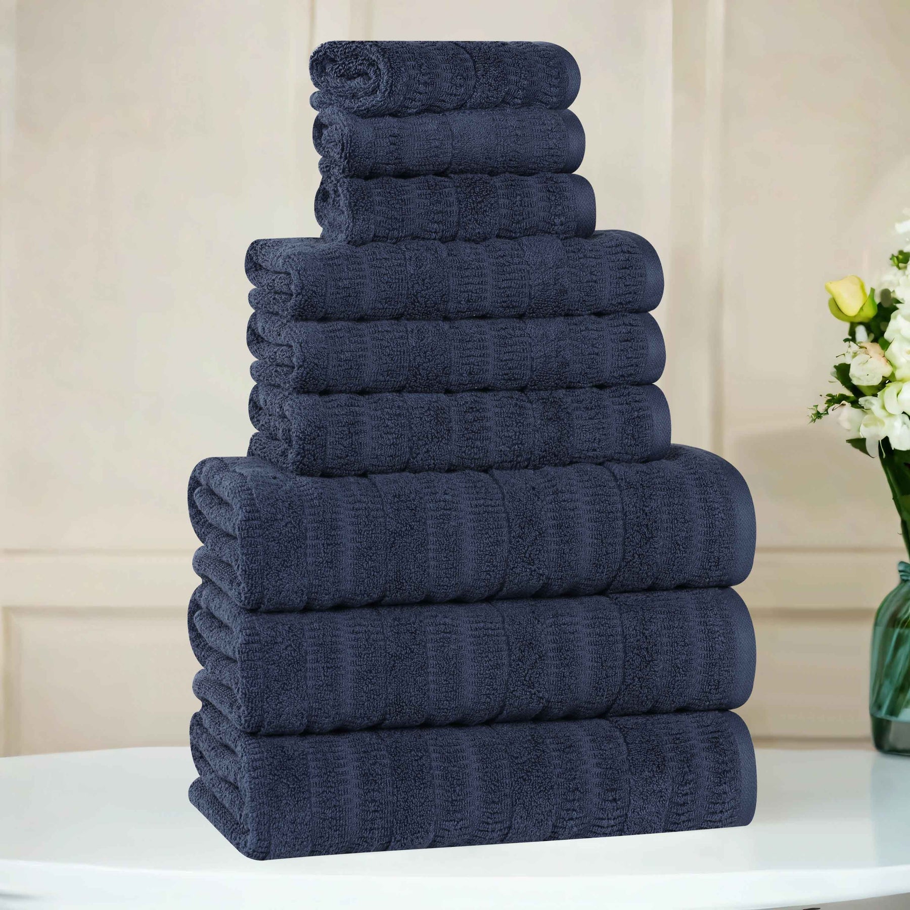 Mika Smart Twist Cotton Solid Textured Ribbed 9 Piece Towel Set