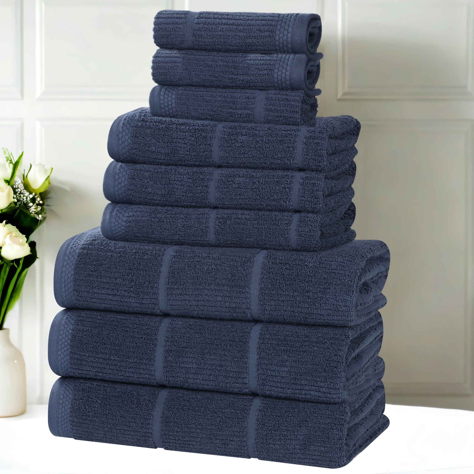 Milo Smart Twist Cotton Medium Weight Solid Ribbed 9 Piece Towel Set