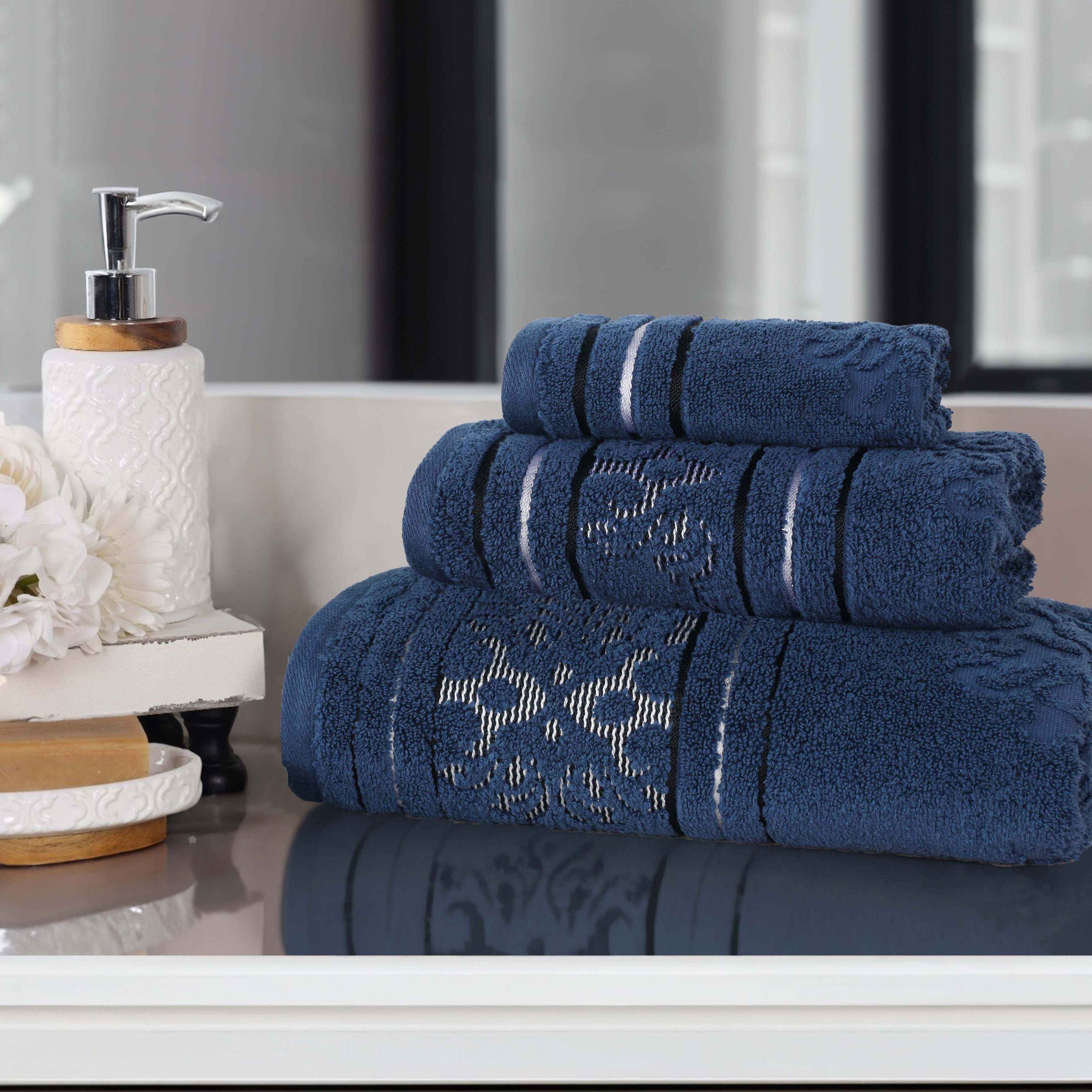 Sadie Zero Twist Cotton Floral Jacquard Absorbent 3 Piece Towel Set