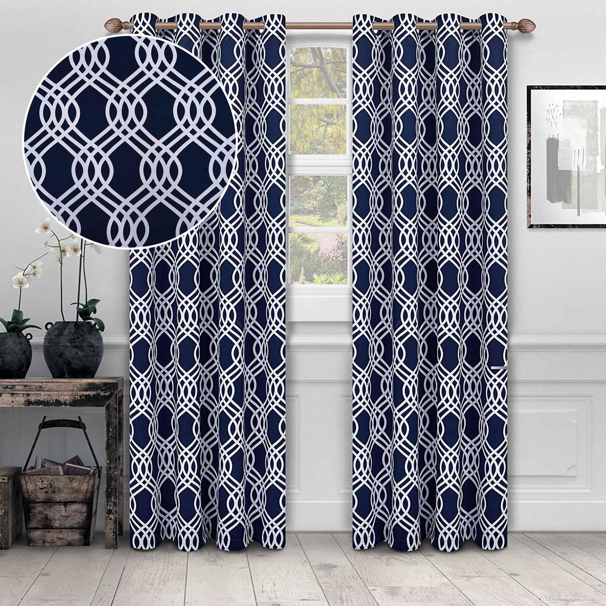 Ribbon Machine Washable Room Darkening Blackout Curtain Set - NavyBlue