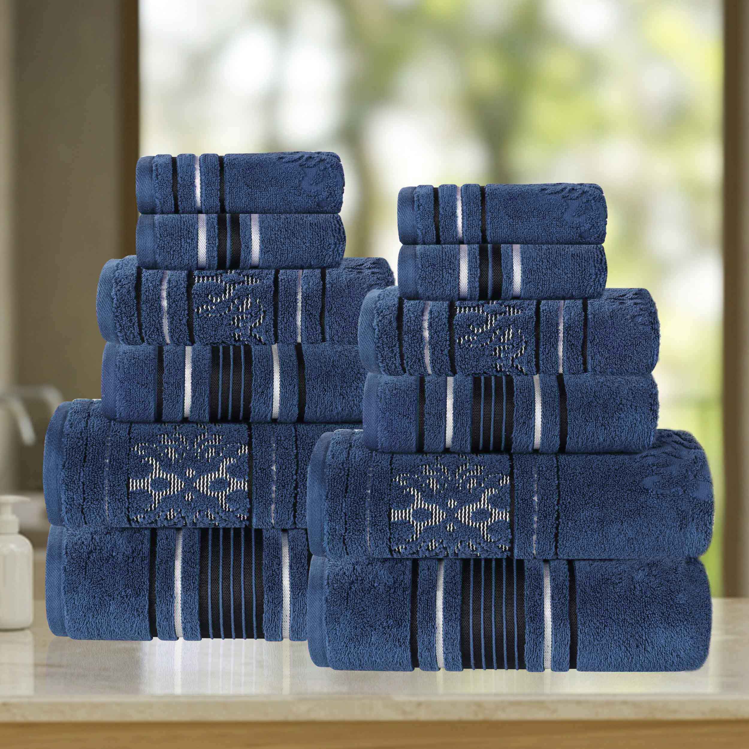 Sadie Zero Twist Cotton Solid and Jacquard Floral 12 Piece Towel Set - Towel Set by Superior