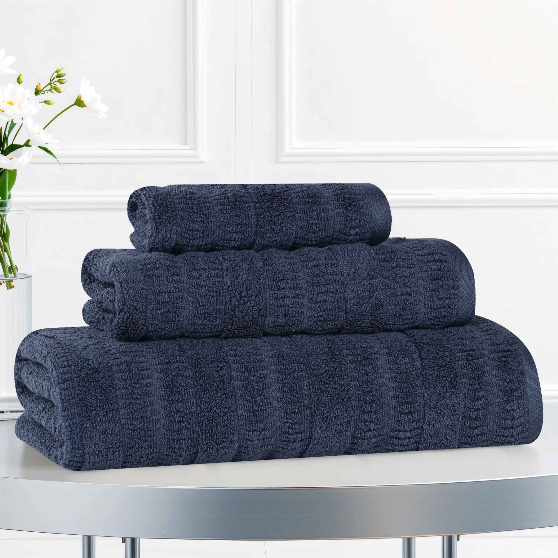 Mika Smart Twist Cotton Solid Textured Ribbed 3 Piece Towel Set