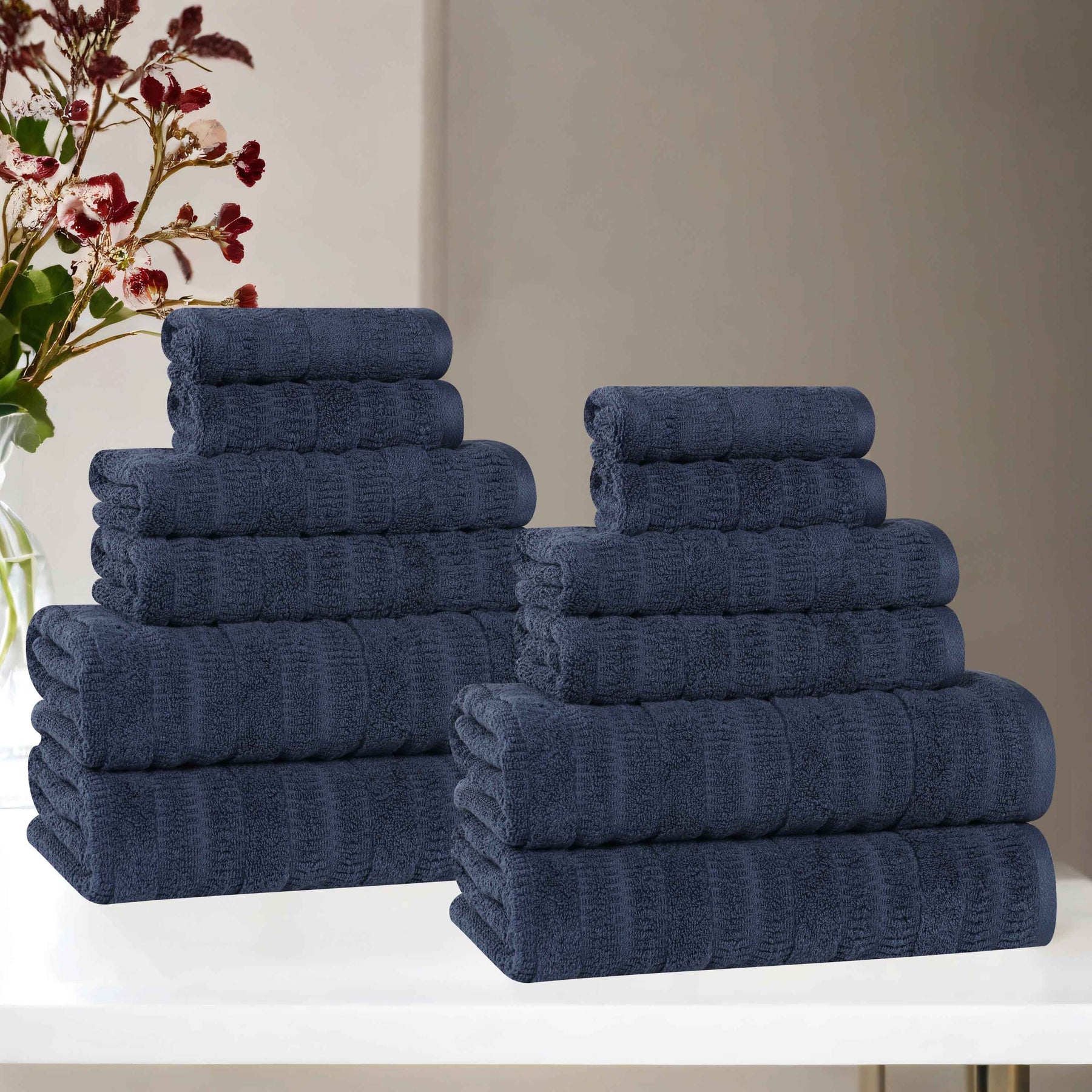 Mika Smart Twist Cotton Solid Textured Ribbed 12 Piece Towel Set