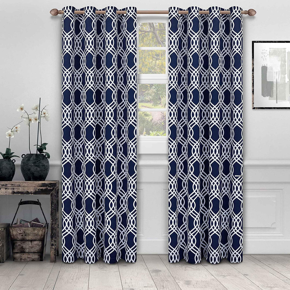 Ribbon Machine Washable Room Darkening Blackout Curtain Set - NavyBlue