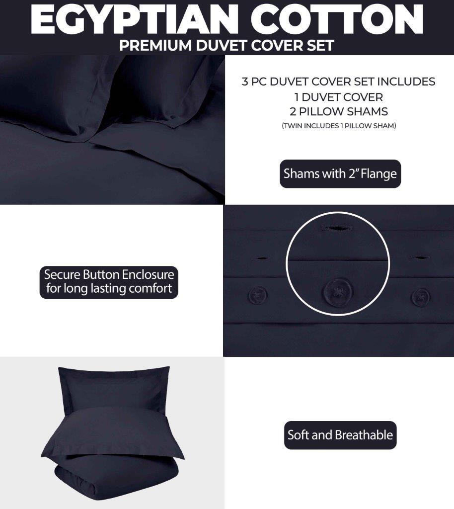 Egyptian Cotton 400 Thread Count Solid Luxury Duvet Cover Set - NavyBlue