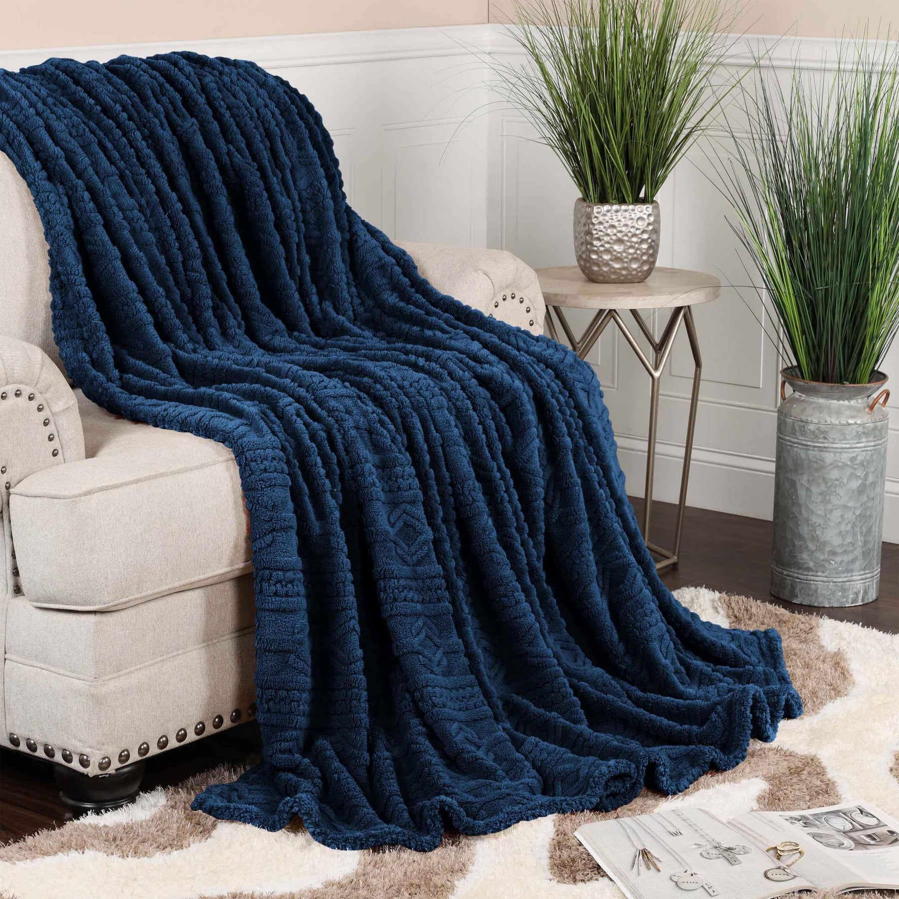 Arctic Boho Knit Jacquard Fleece Plush Medium Weight Fluffy Blanket - NavyBlue