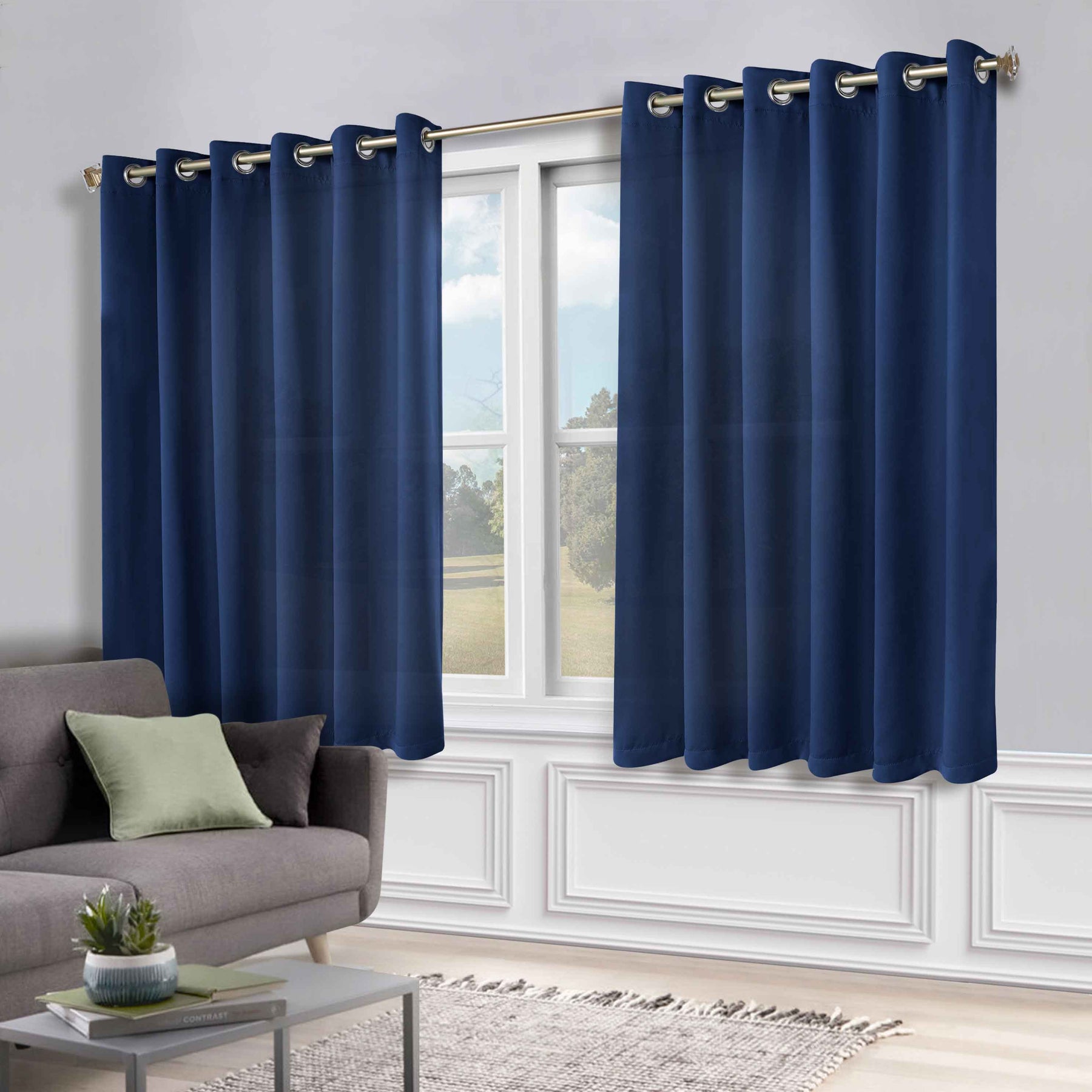 Classic Modern Solid Room Darkening Blackout Curtain Panels, Set of 2 - NavyBlue