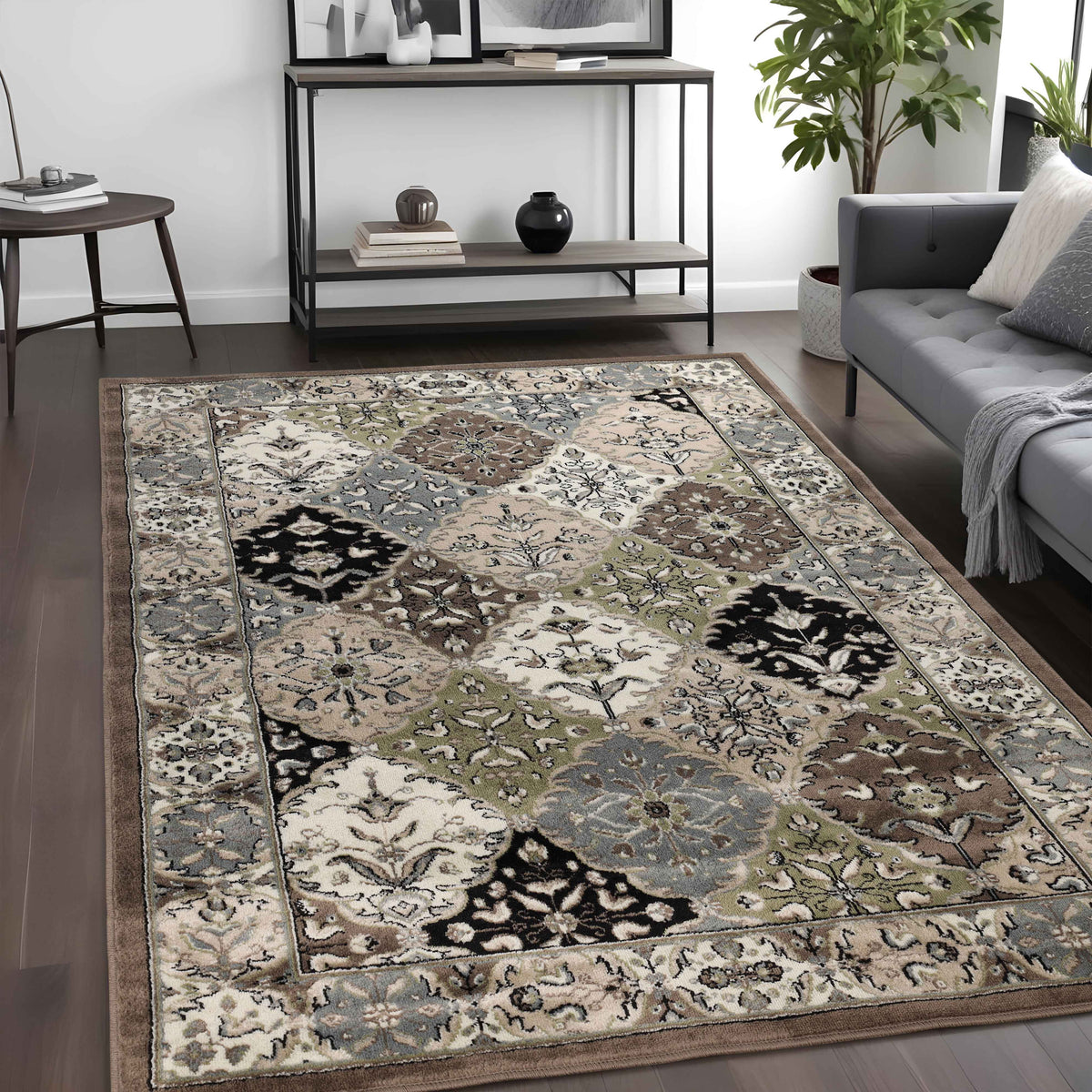 Paloma Contemporary Damask Indoor Area Rug or Runner Rug Or Door Mat - Brown