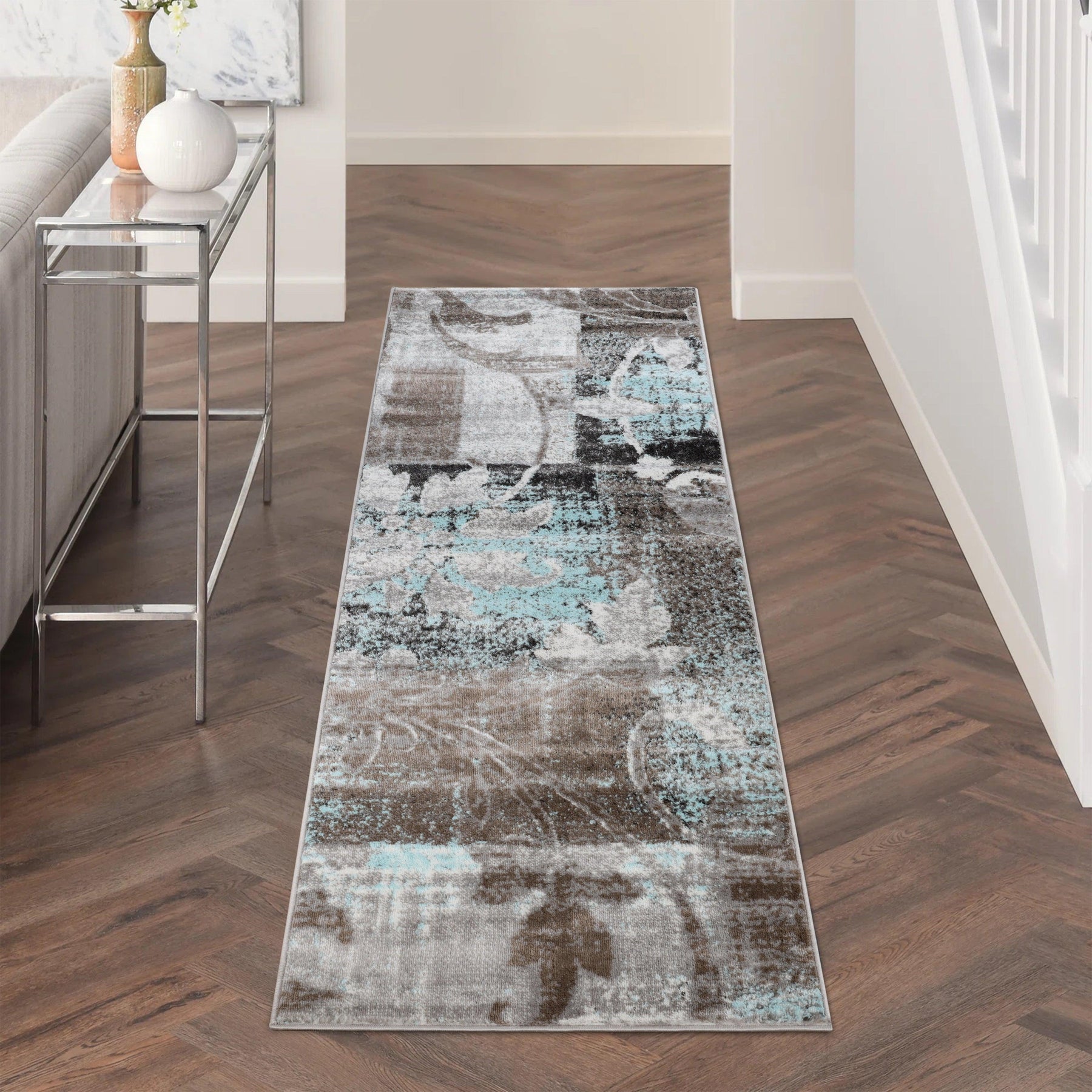 Pastiche Contemporary Floral Patchwork Indoor Area Rug or Runner - Brown-Turquoise