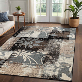 Pastiche Contemporary Floral Patchwork Indoor Area Rug or Runner - Brown-Turquoise