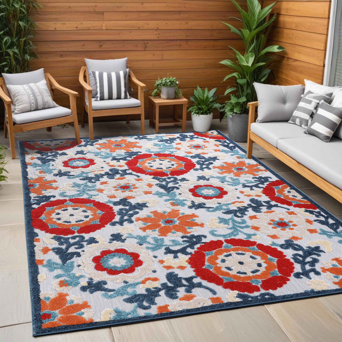 Petunia Floral Scroll Vintage Indoor Outdoor Area Rug - Multicolor