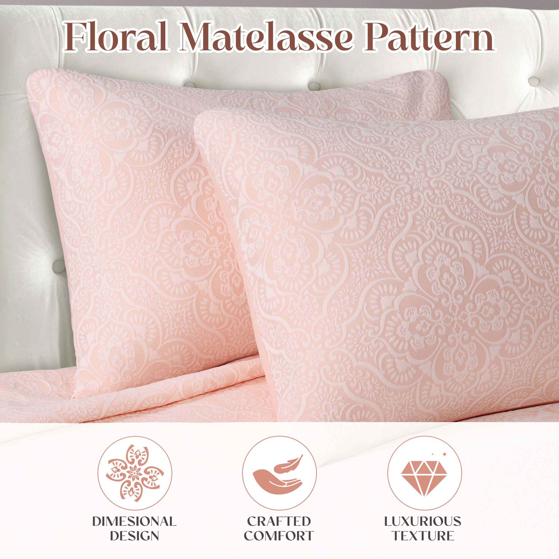 Enzy Medium Weight Floral Matelasse 3 Piece Bedspread Pillow Sham Set