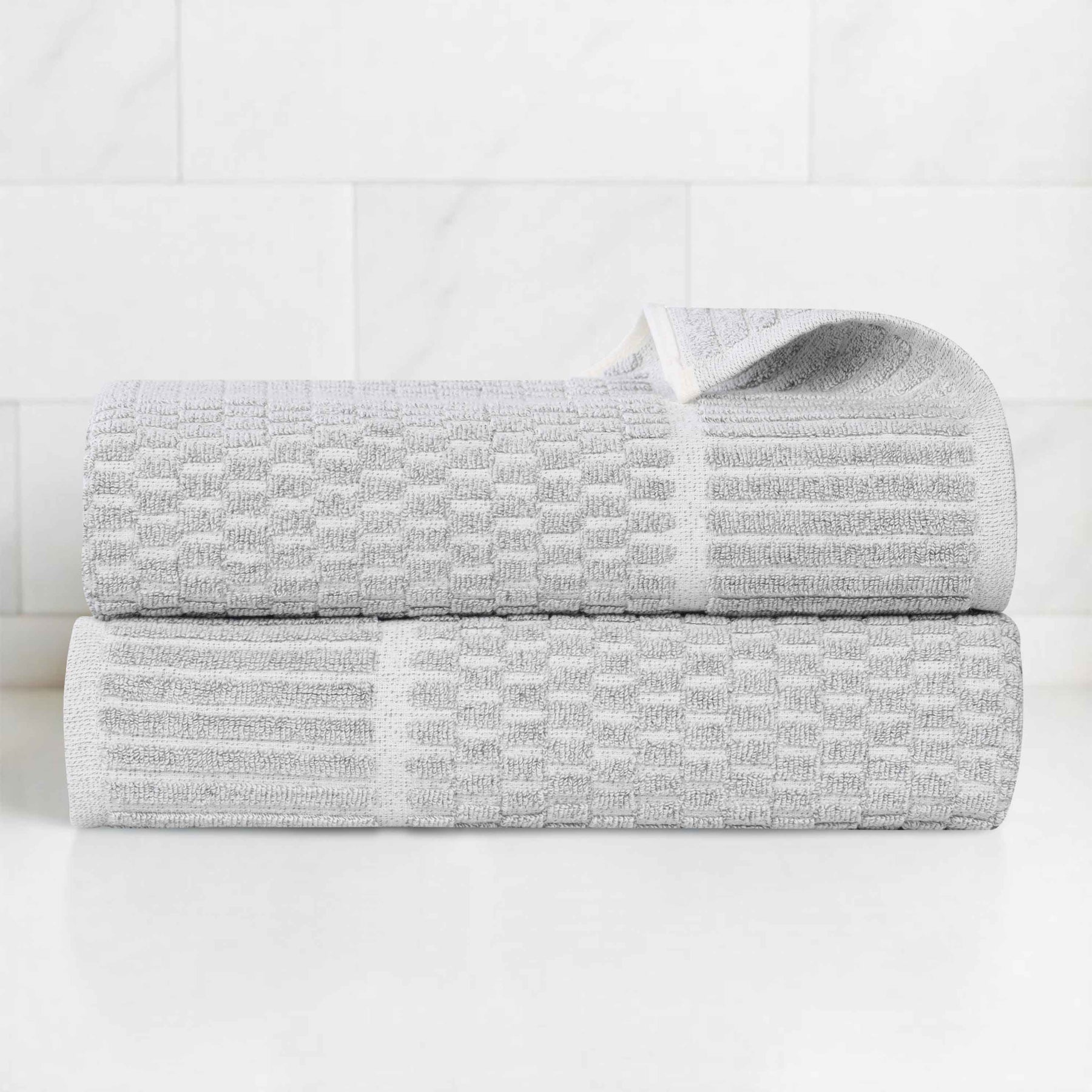 Juno Cotton Blend Textured Checkered Ribbed Border Bath Towels, Set of 2