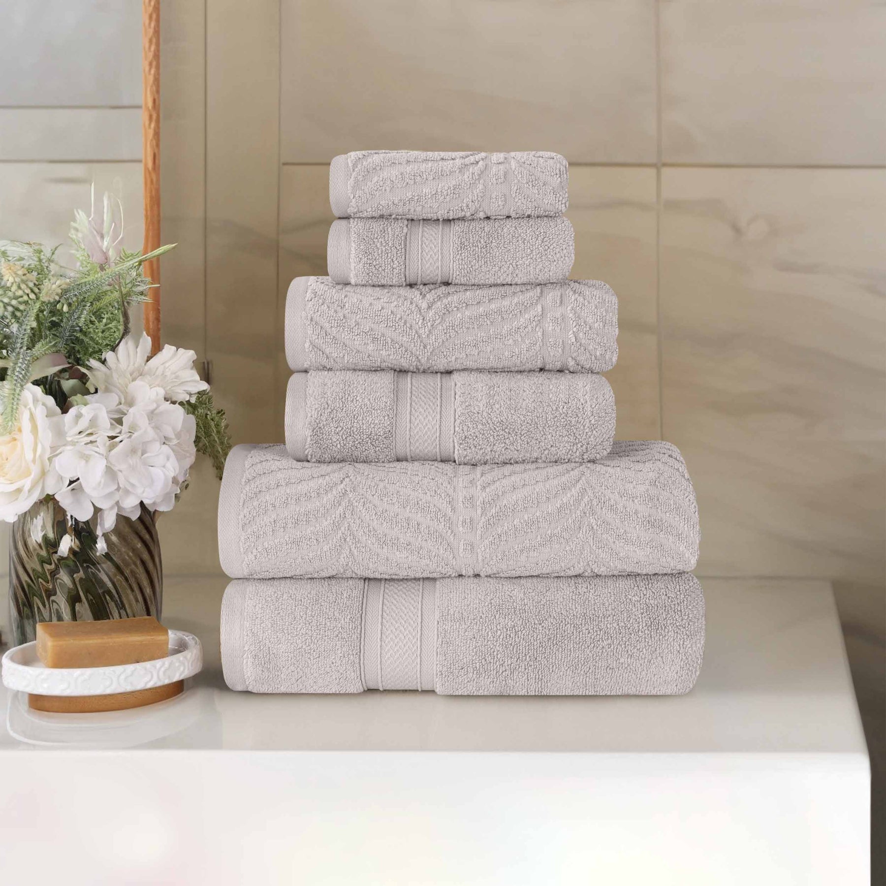 Chevron Zero Twist Solid and Jacquard Soft Cotton 6 Piece Towel Set