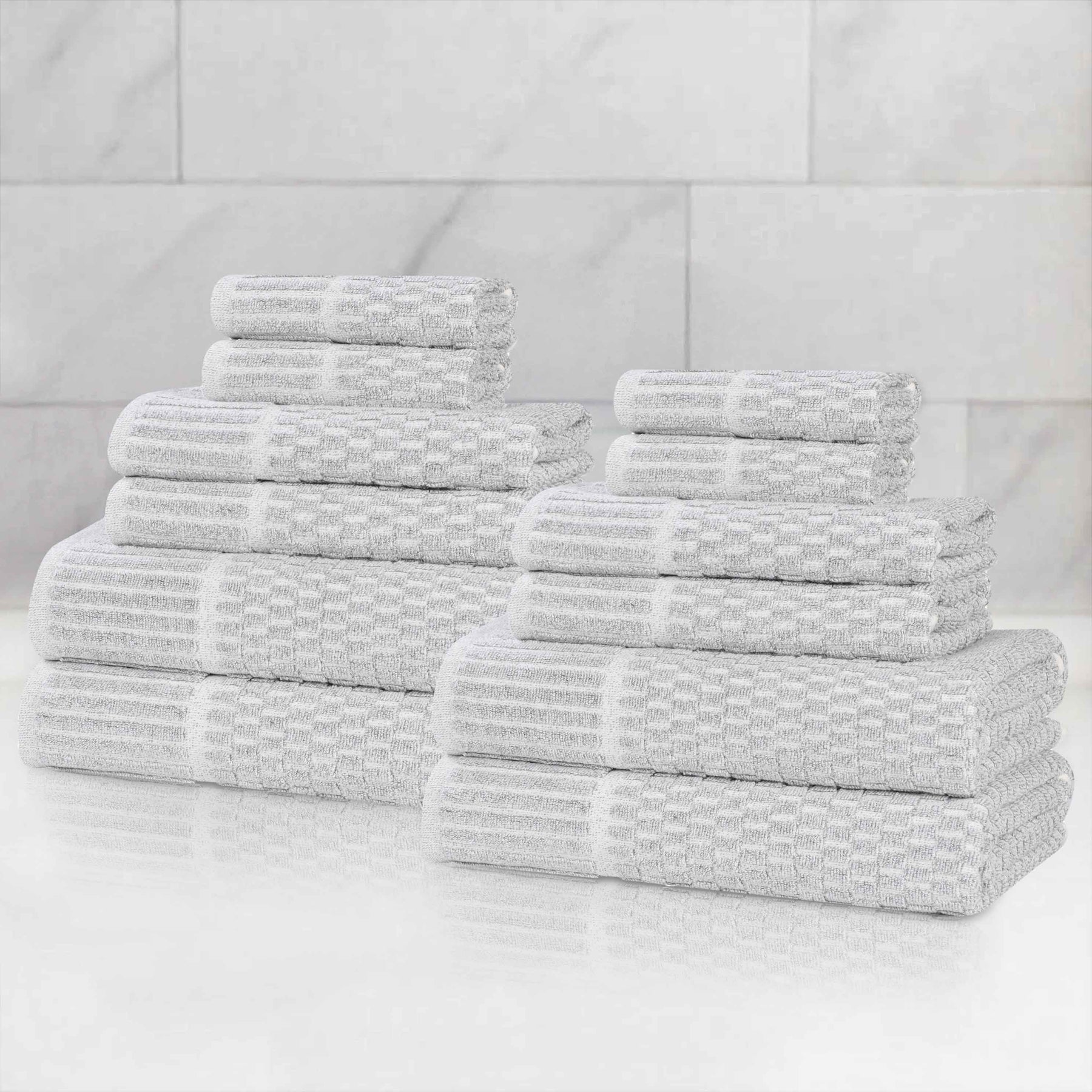 Juno Cotton Blend Textured Checkered Ribbed Border 12 Piece Towel Set