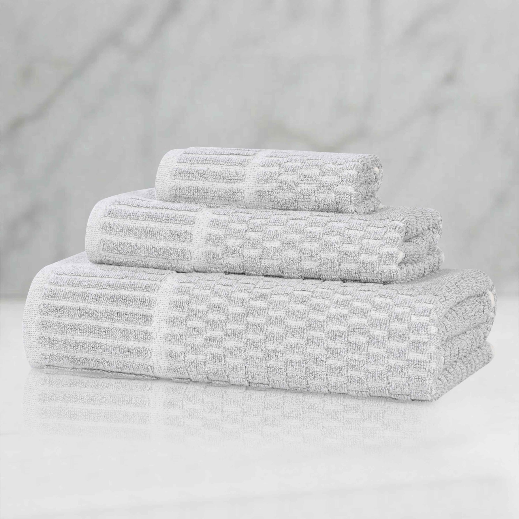 Juno Cotton Blend Textured Checkered Ribbed Border 3 Piece Towel Set