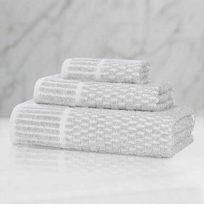 Juno Cotton Blend Textured Checkered Ribbed Border 3 Piece Towel Set