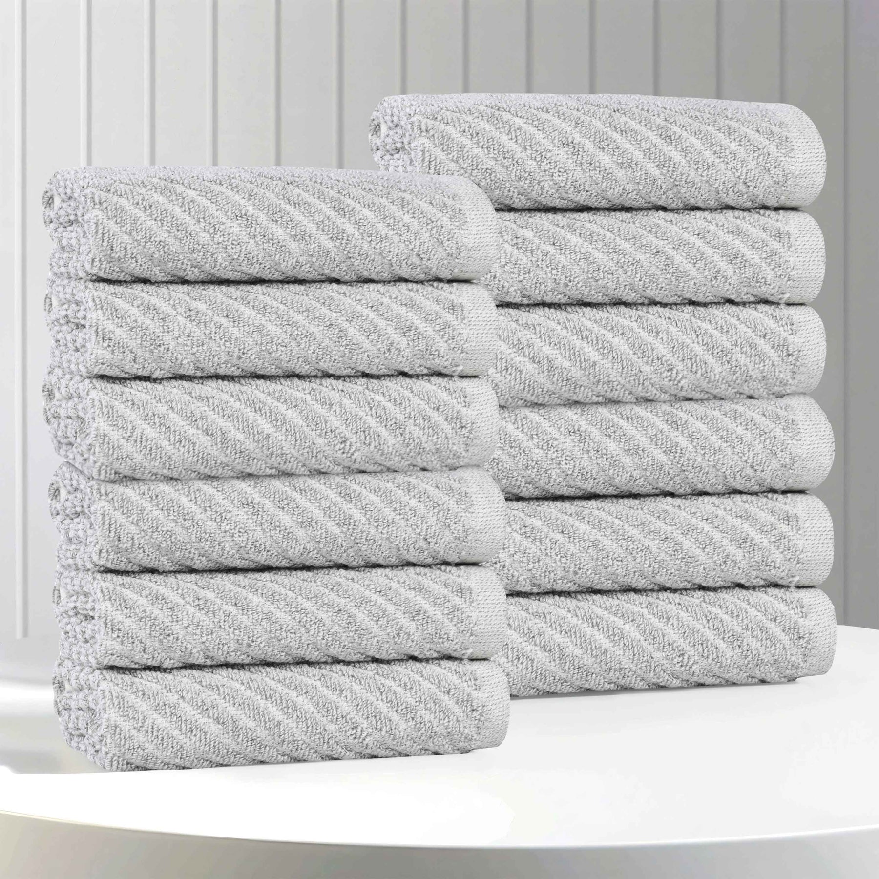 Amelia Cotton Blend Diagonal Ribbed Face Towels Washcloths, Set of 12