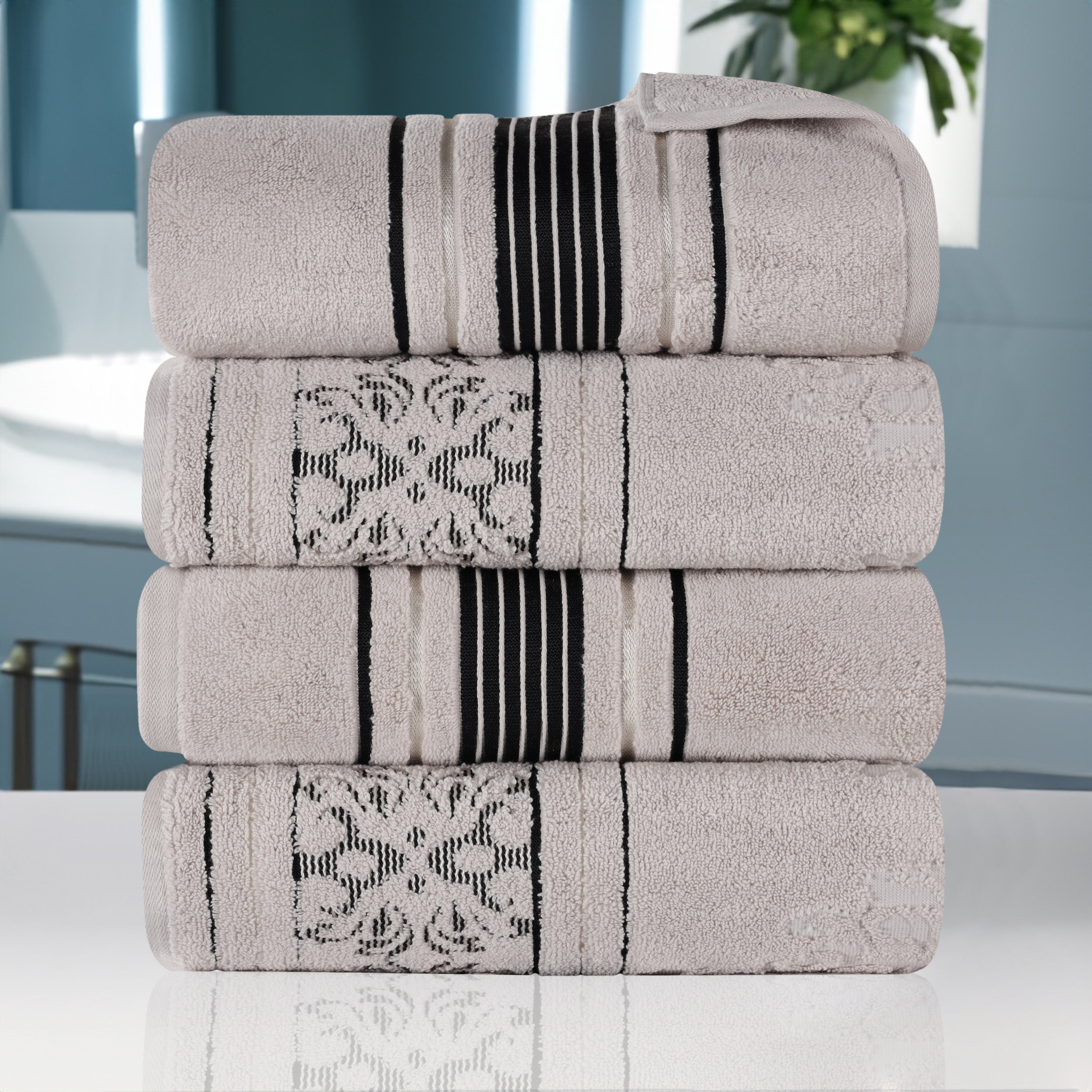 Sadie Zero Twist Cotton Solid and Jacquard Floral Bath Towel Set of 4 - Bath Towel by Superior