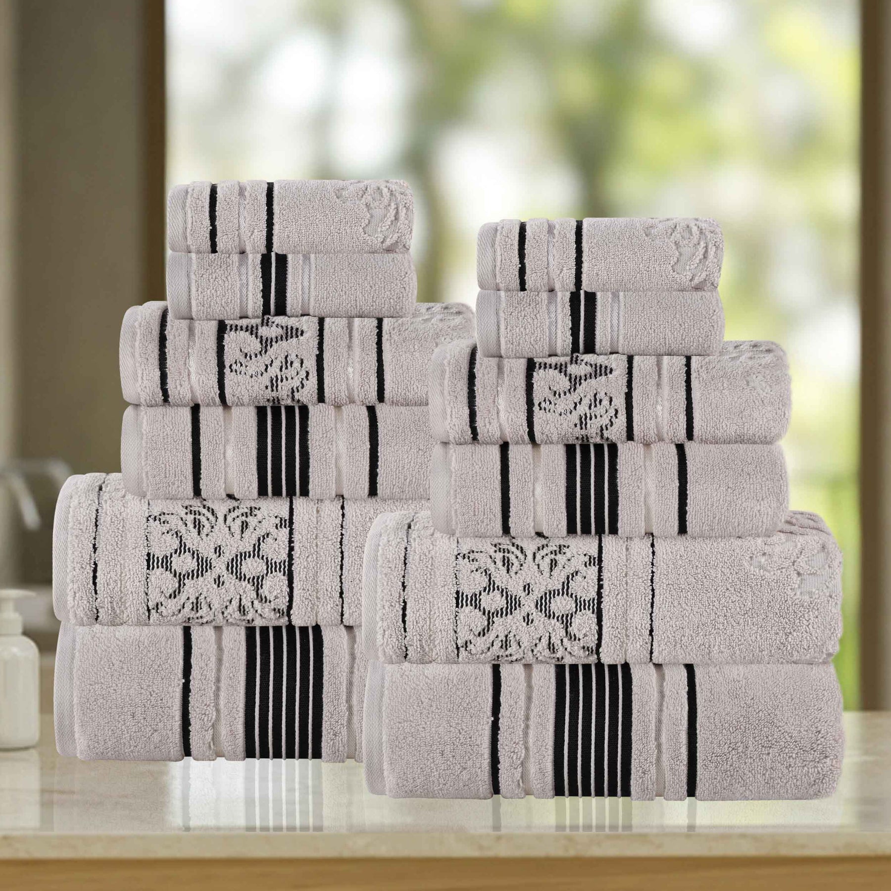 Sadie Zero Twist Cotton Solid and Jacquard Floral 12 Piece Towel Set