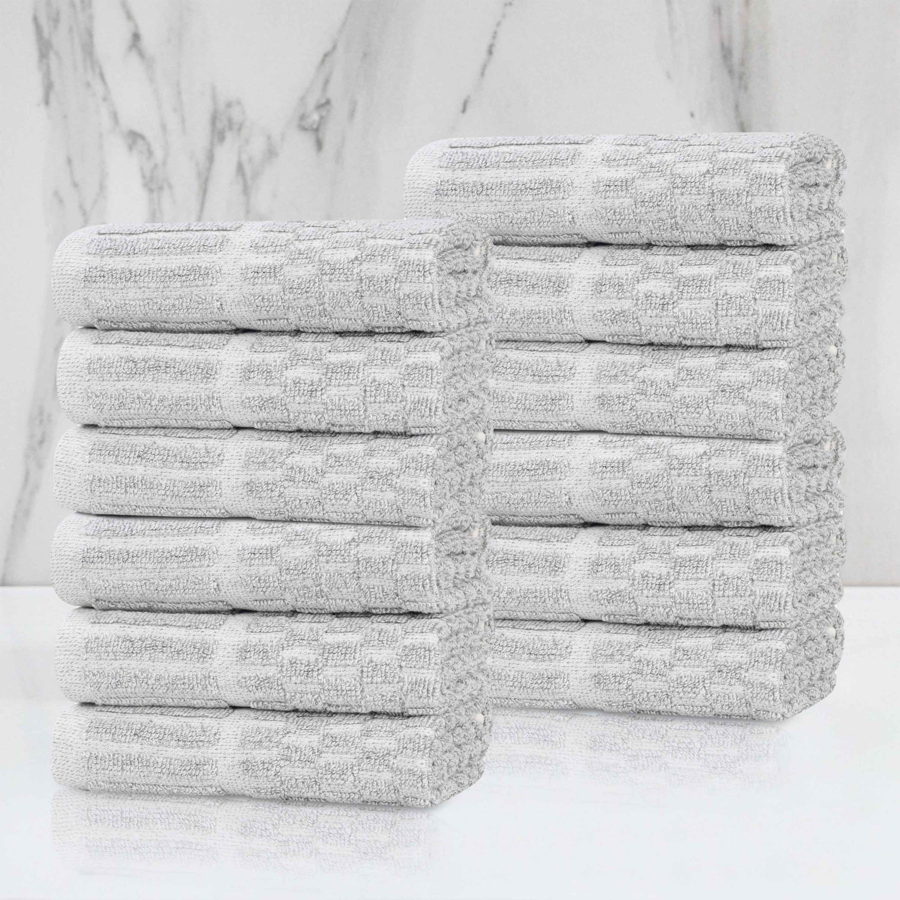 Juno Cotton Blend Checkered Ribbed Border Face Towels Washcloths, Set of 12